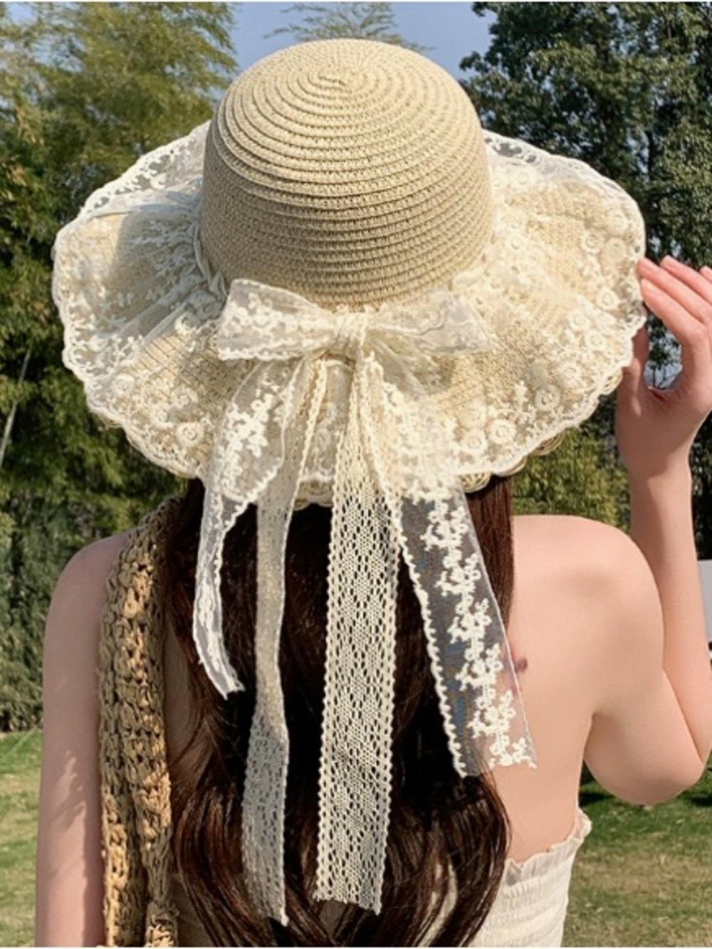 Women's Lace-Trim Straw Sun Hat - Cream